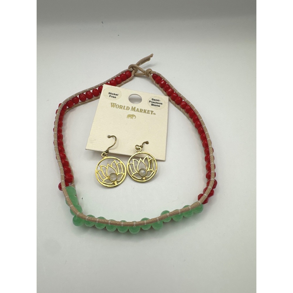 World Market Lotus Earrings & Red Green Beaded Wrap Choker Necklace Set NEW